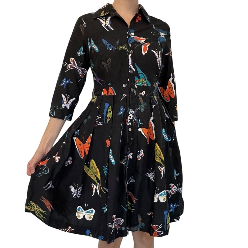 Black Butterfly Print Midi Shirt Dress